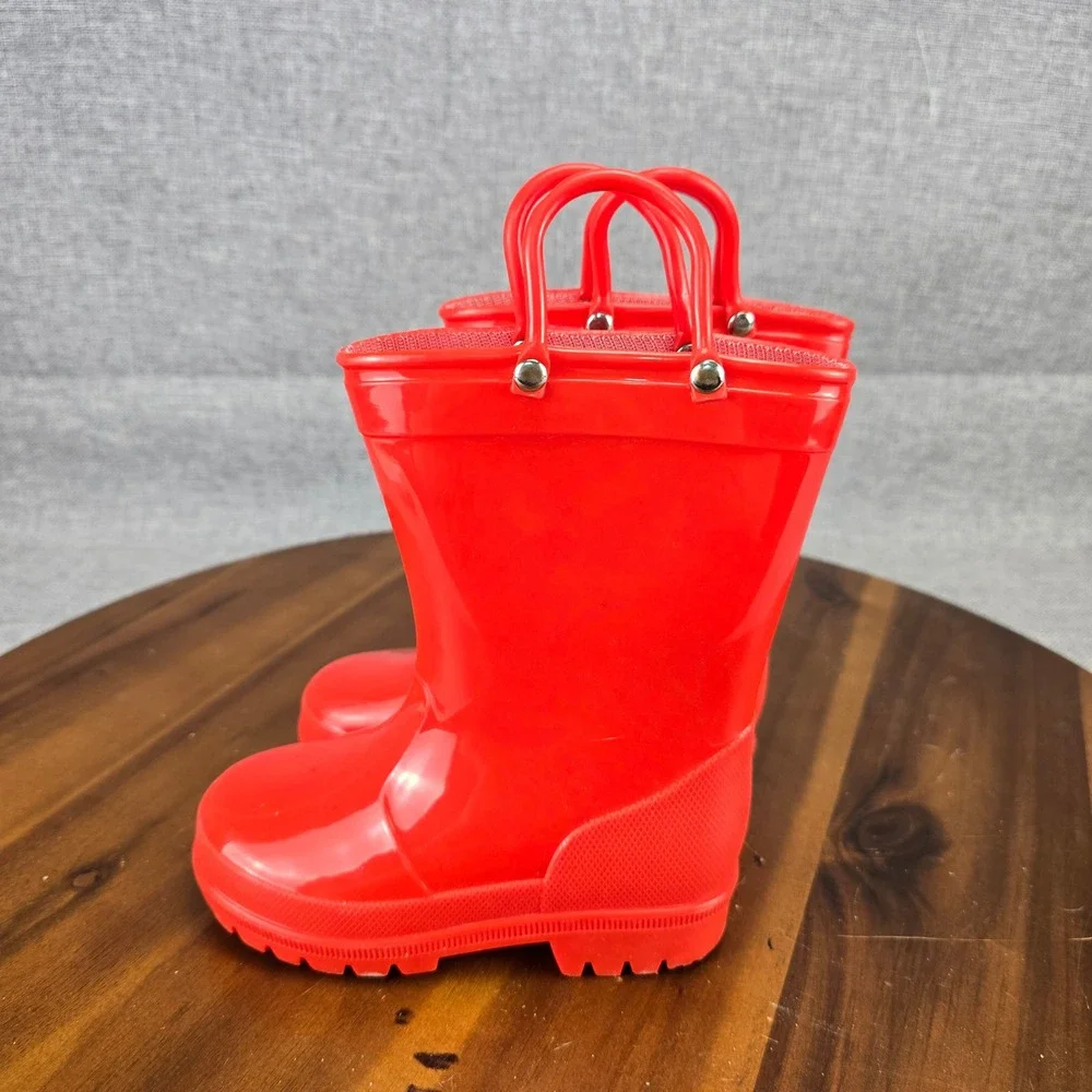 Red Toddler Rain Boots Size 8 Waterproof Pull On Handles Glossy Rubber Boots - Picture 2 of 13